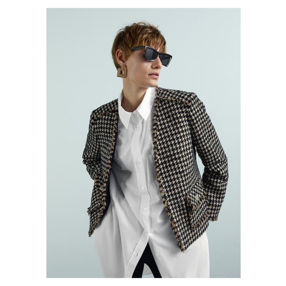 Zara Camel Tan Black Houndstooth Tweed Preppy Boxy Blazer Jacket XS Quiet Luxury